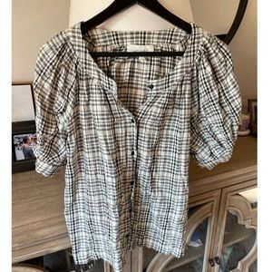 The GREAT. Puff Sleeve Plaid Button Down Blouse